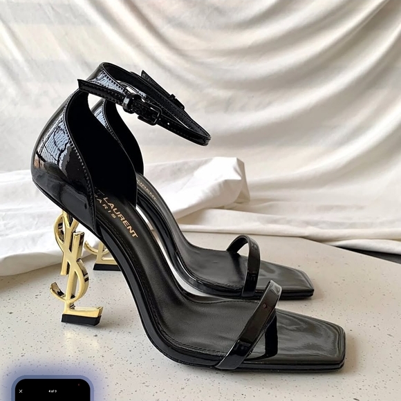 Saint Laurent Shoes - Saint Laurent Glossy Black Heels Size 6 with Gold Logo